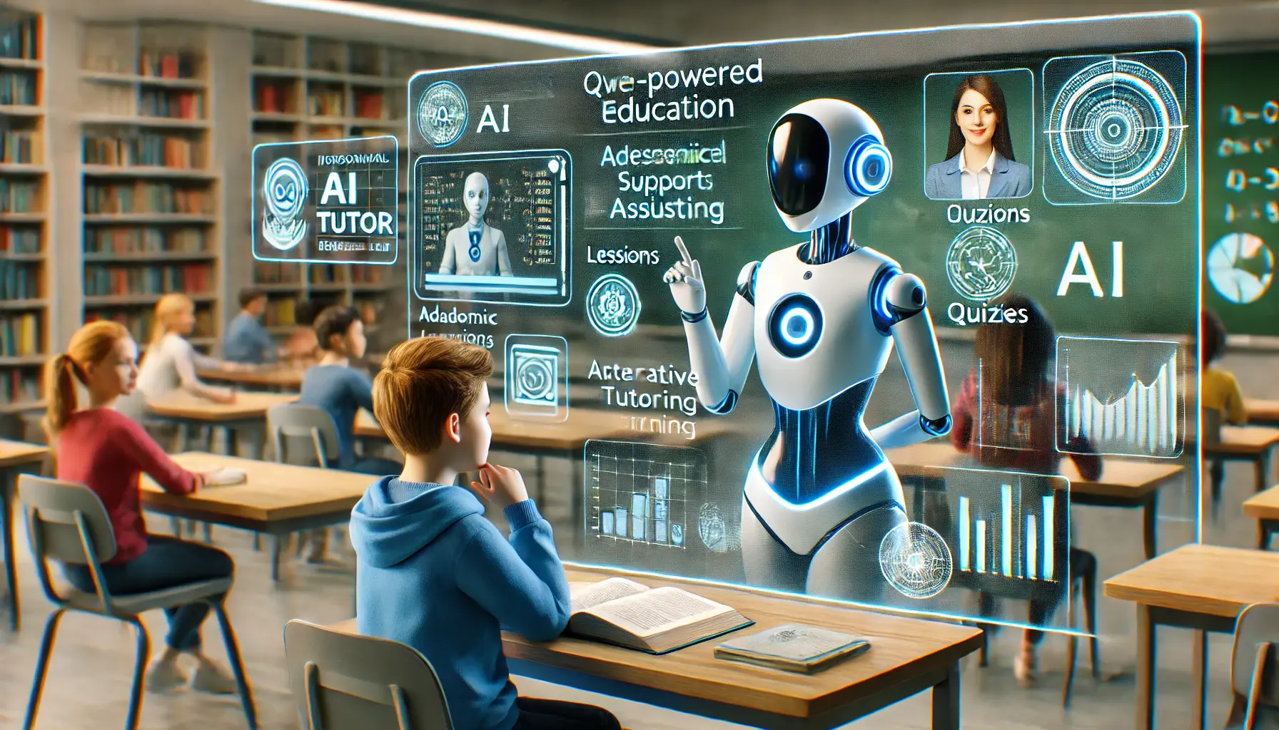 A Qwen-powered AI virtual tutor assisting a student in an educational setting, providing personalized lessons and academic support.