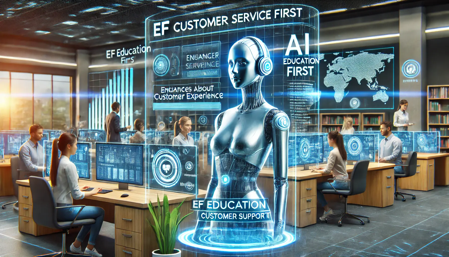 A futuristic customer service center where a digital assistant helps customers with educational services through AI-driven technology and holographic interfaces.