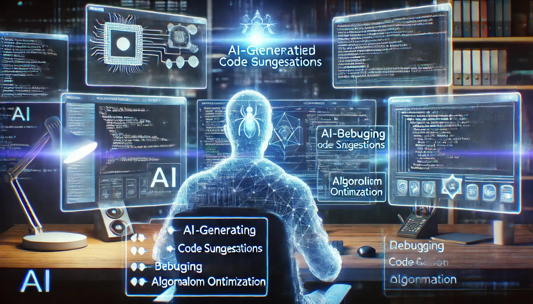 A developer working in a high-tech environment with AI-generated code suggestions, debugging analysis, and algorithm optimization visuals.