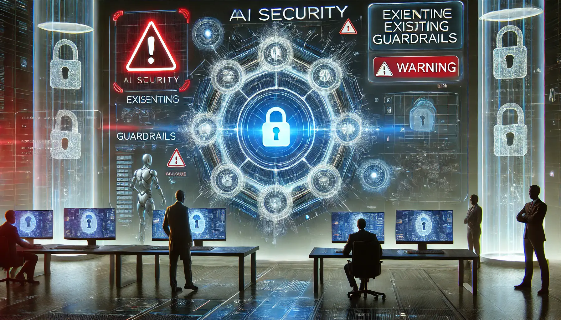 A futuristic AI security system with protective cybersecurity shields, some appearing weak or compromised, being analyzed for effectiveness.