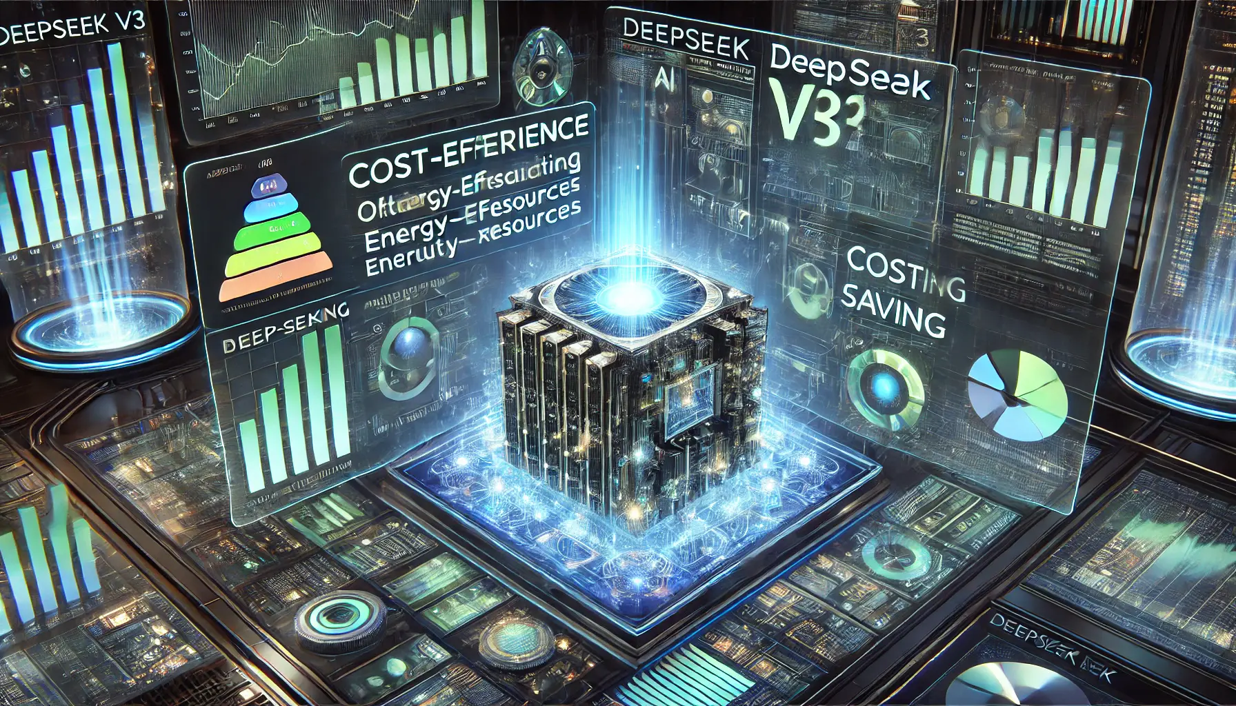 A futuristic visualization of AI efficiency and cost analysis, featuring an advanced processing unit optimizing resources with glowing energy-efficient circuits and holographic financial charts.