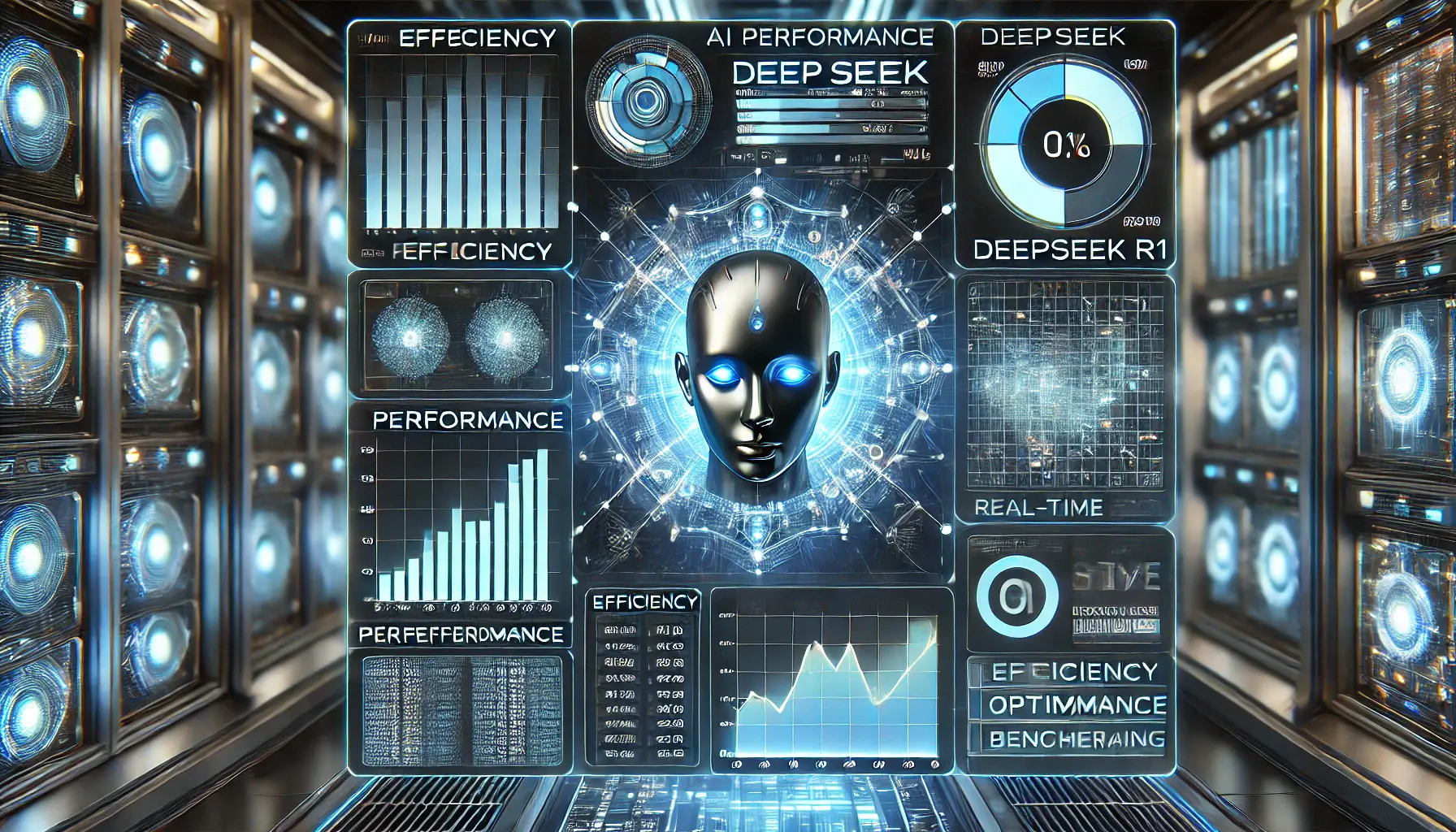 A futuristic AI system processing data with glowing efficiency indicators and real-time analytical graphs in a cybernetic environment.