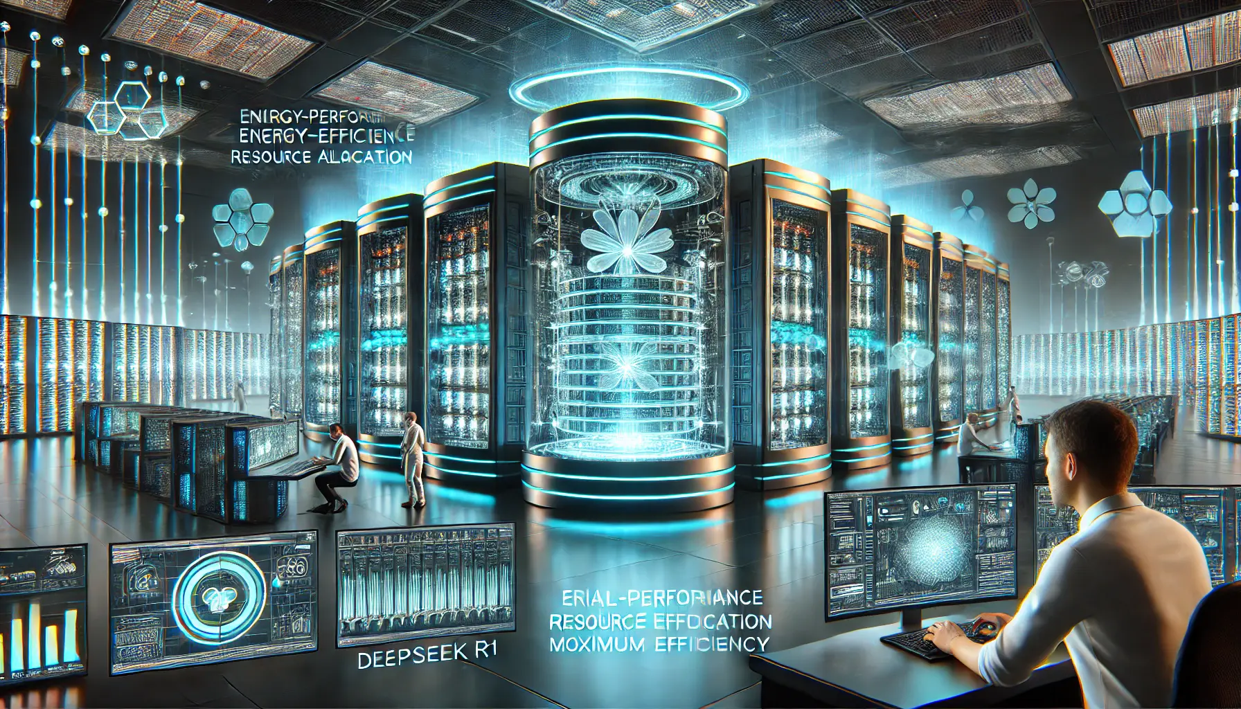 A futuristic AI data center with high-performance servers, glowing energy-efficient cooling systems, and holographic displays showing real-time resource optimization.