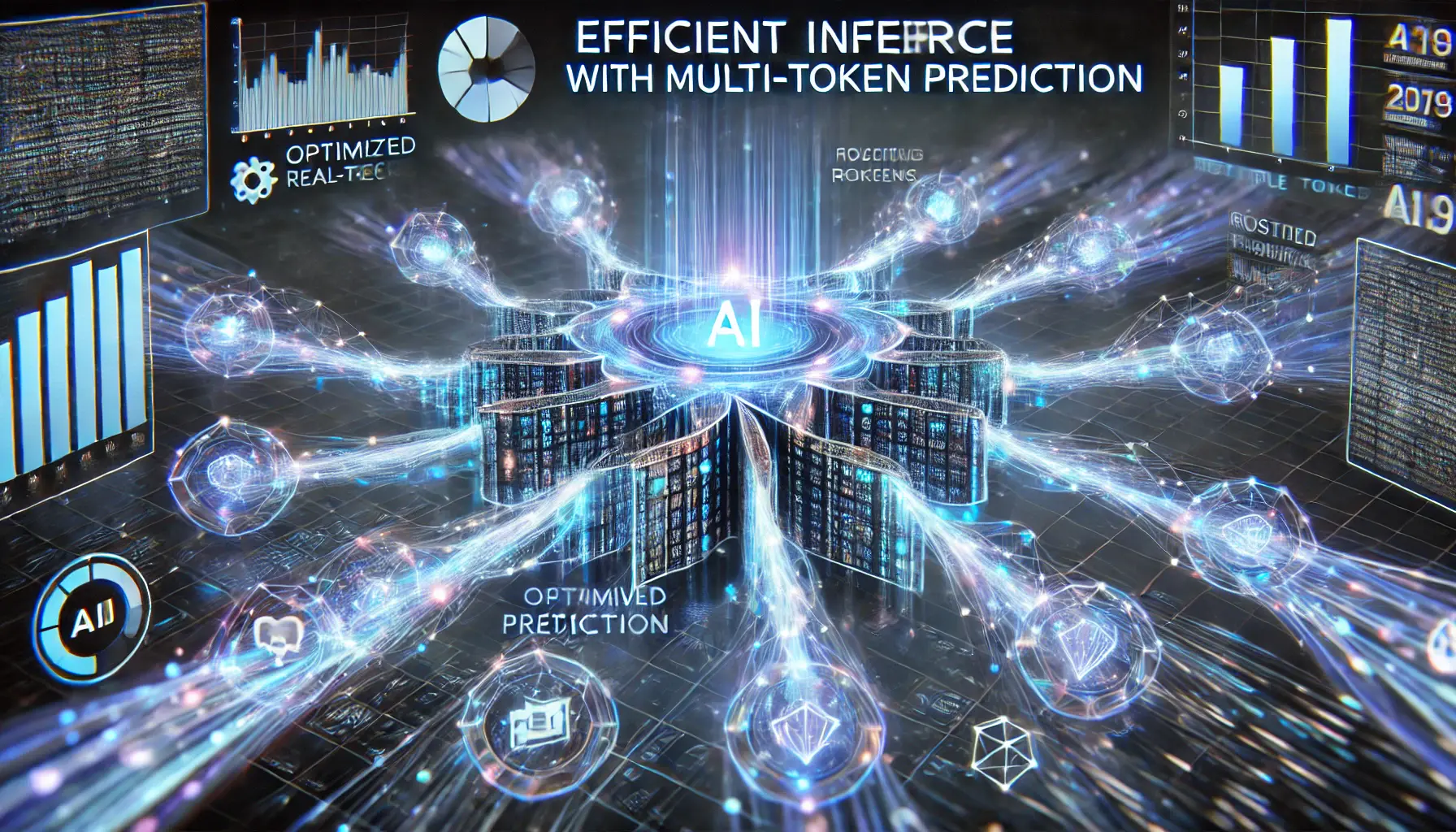 A futuristic AI visualization depicting an advanced neural network rapidly generating multiple tokens simultaneously with glowing data streams flowing through interconnected pathways, symbolizing speed and efficiency.