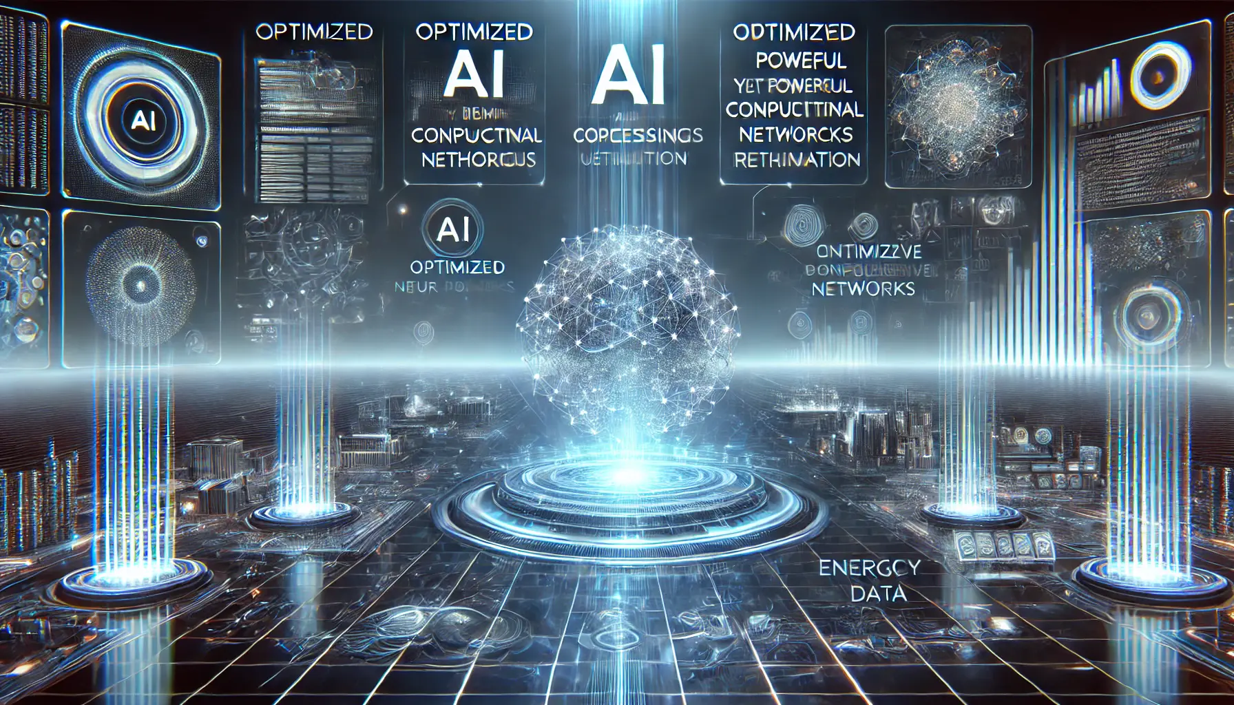 A futuristic AI system with optimized computational networks, energy-efficient data pathways, and holographic graphs representing efficient training methodologies and resource utilization.