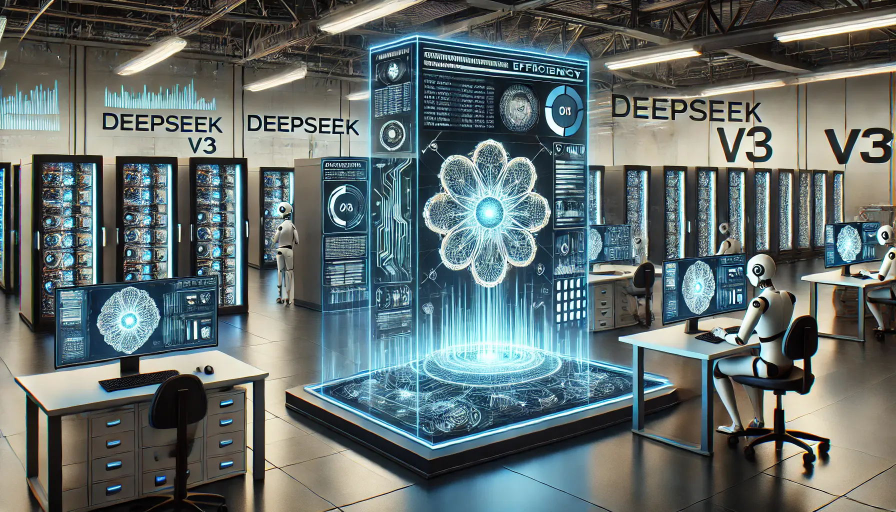 A futuristic AI training facility showcasing an advanced machine learning model being optimized with high-tech servers, holographic interfaces, and AI-driven automation.