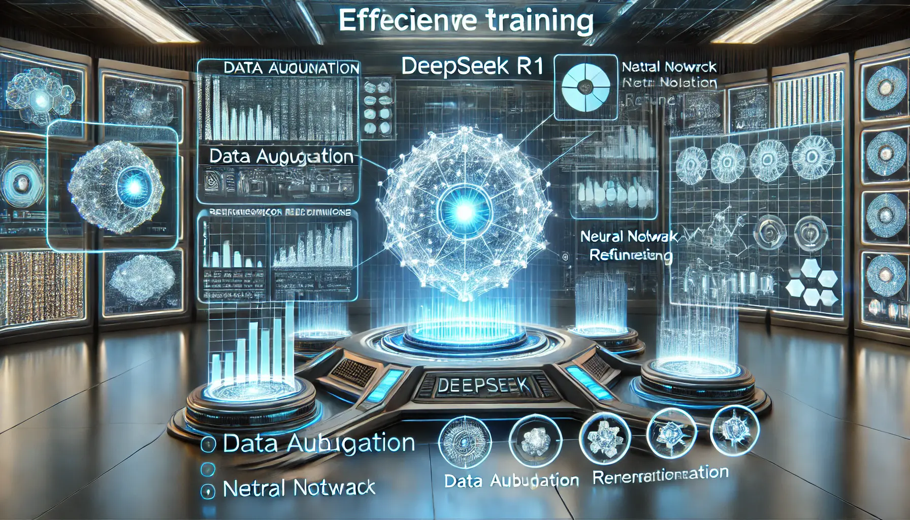 A futuristic AI training environment with holographic interfaces displaying data augmentation, neural network refinement, and reinforcement learning processes. A glowing AI core represents DeepSeek R1, surrounded by interconnected training datasets and optimization graphs visualizing improved model accuracy and efficiency.