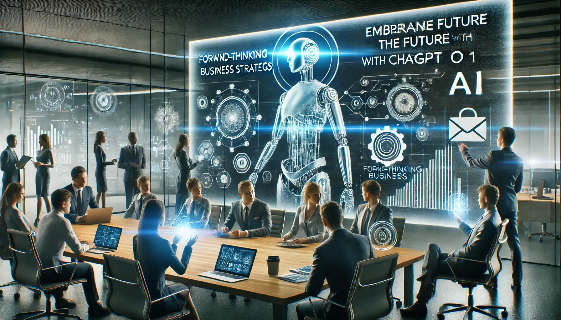 A futuristic business environment where professionals embrace the future with ChatGPT o1, using AI to drive innovation.