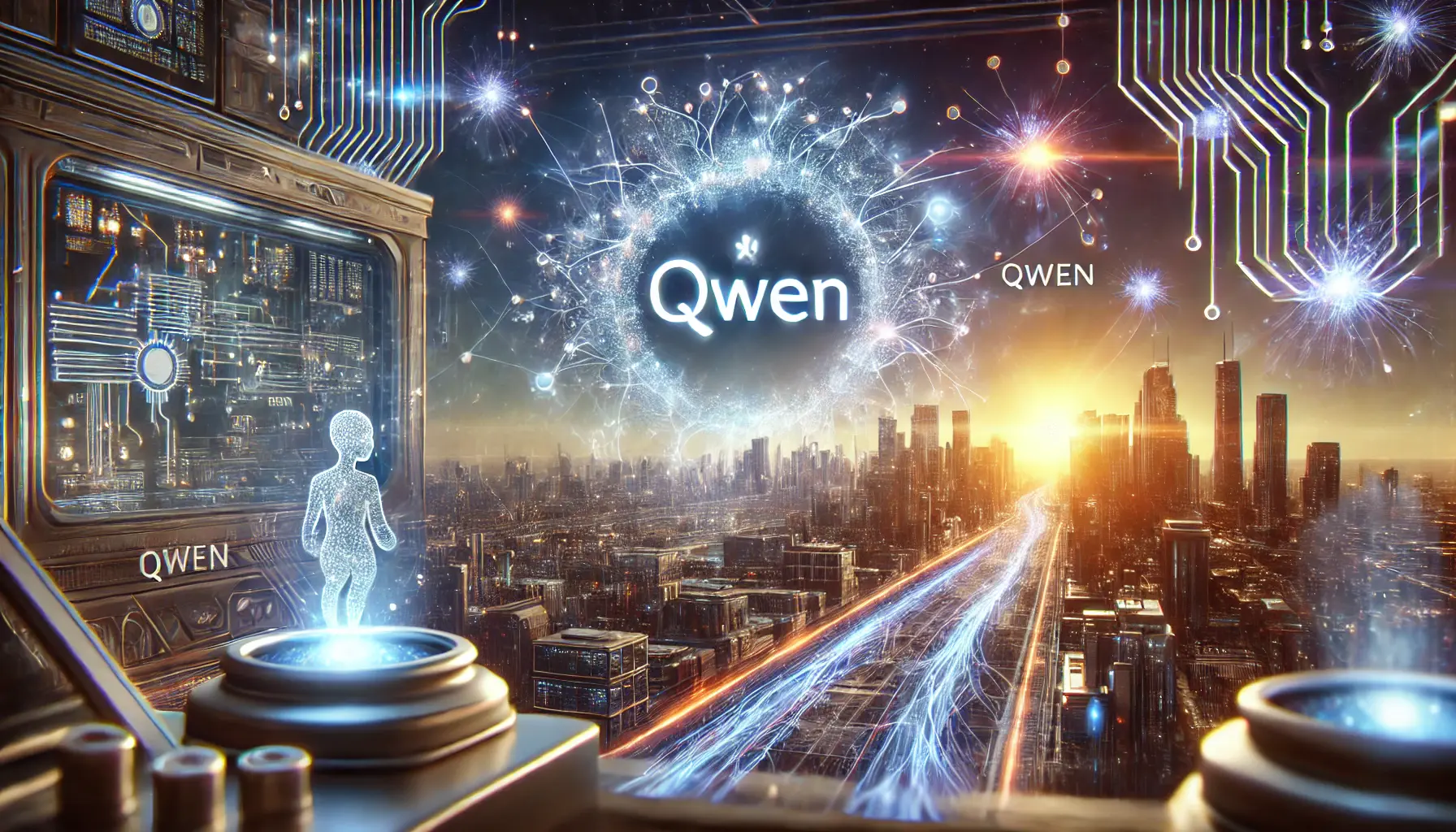 A Qwen-powered AI system leading the way into the future with digital data streams and neural networks extending into a futuristic cityscape.