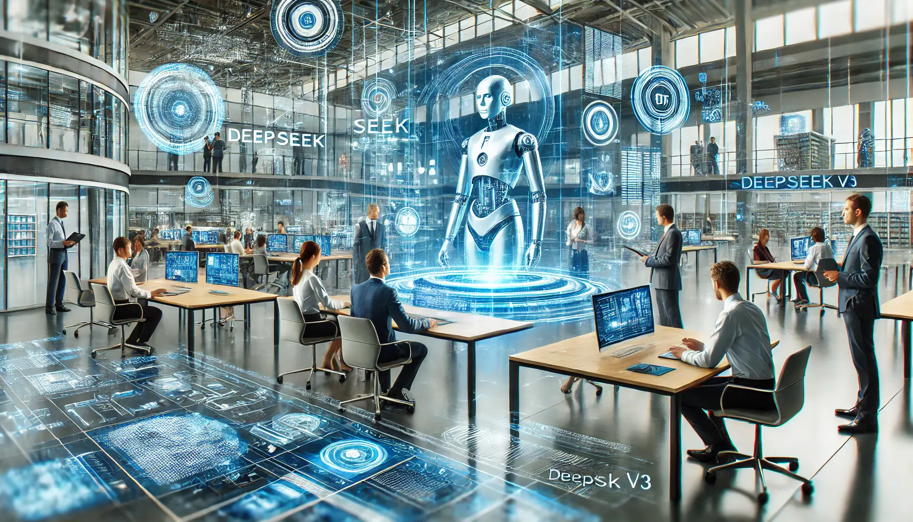 A futuristic workplace where employees are engaged in training and adopting new AI technology through holographic interfaces and collaborative tools.