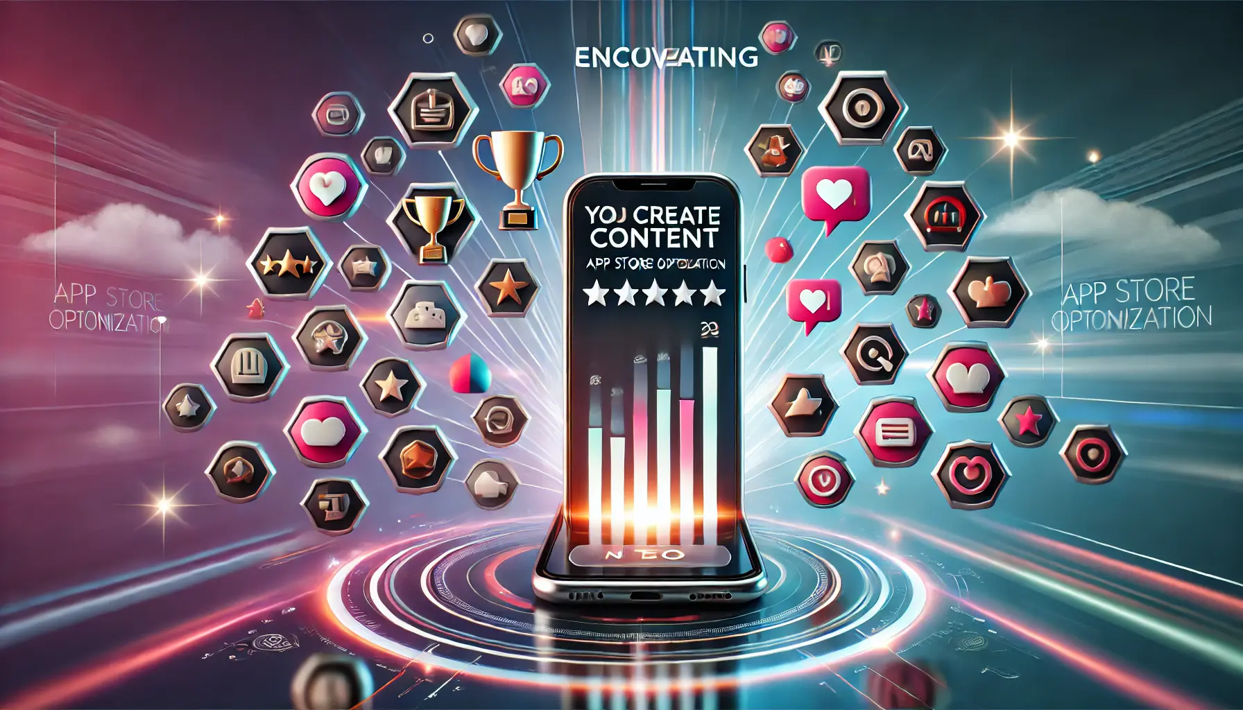 A visually engaging representation of encouraging users to create content for app store optimization, featuring a smartphone surrounded by icons representing user reviews, ratings, social media shares, and motivational elements like trophies and rewards.