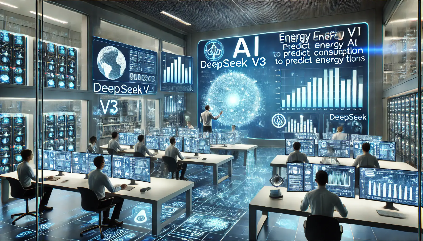 A high-tech AI-driven lab using DeepSeek v3 to predict energy consumption patterns and optimize energy distribution.