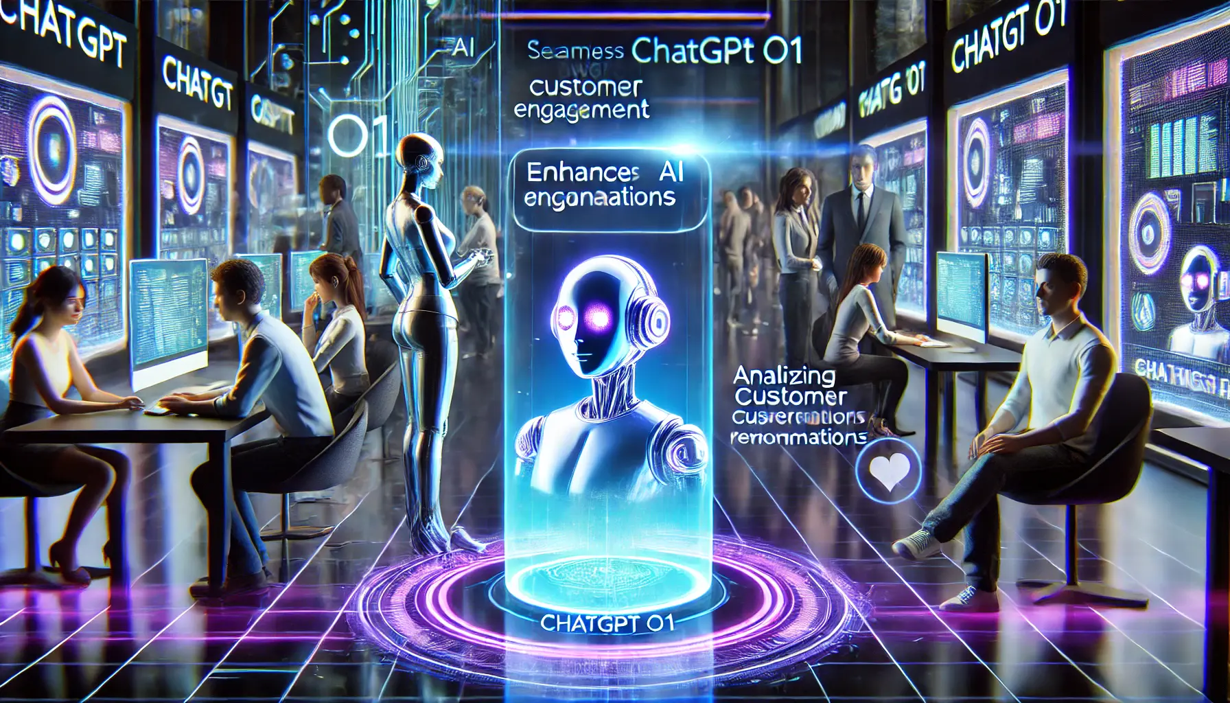 A futuristic scene showcasing ChatGPT o1 as a glowing AI figure collaborating with a marketer in a modern, high-tech environment.