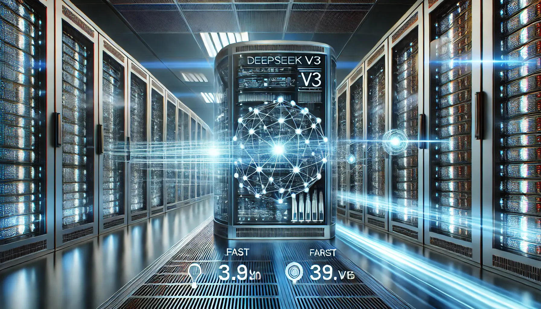 A high-tech server room visualizing the enhanced performance and scalability of DeepSeek v3's AI processing.