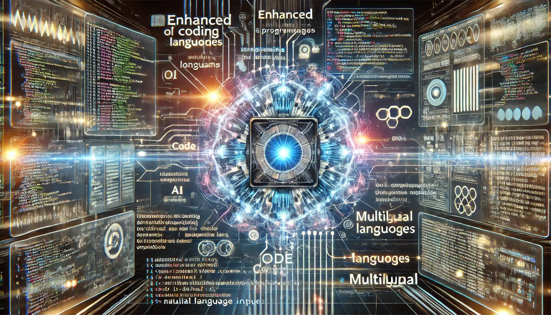 A futuristic visualization of AI processing multiple programming languages and multilingual text, illustrating enhanced coding abilities.