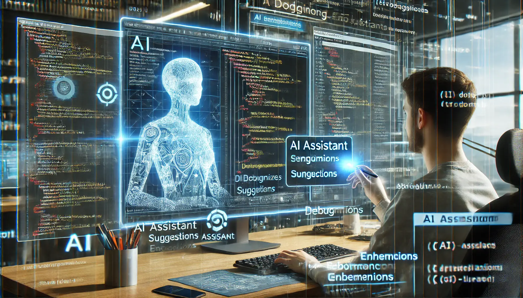 A futuristic AI-powered coding assistant analyzing and optimizing a developer’s code in real-time through a holographic virtual interface, displaying AI-generated suggestions and debugging insights.