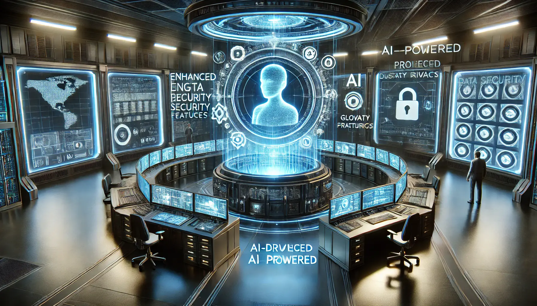 A futuristic data security center where a digital assistant oversees encryption processes and privacy protection, monitoring customer data in a high-tech control room.