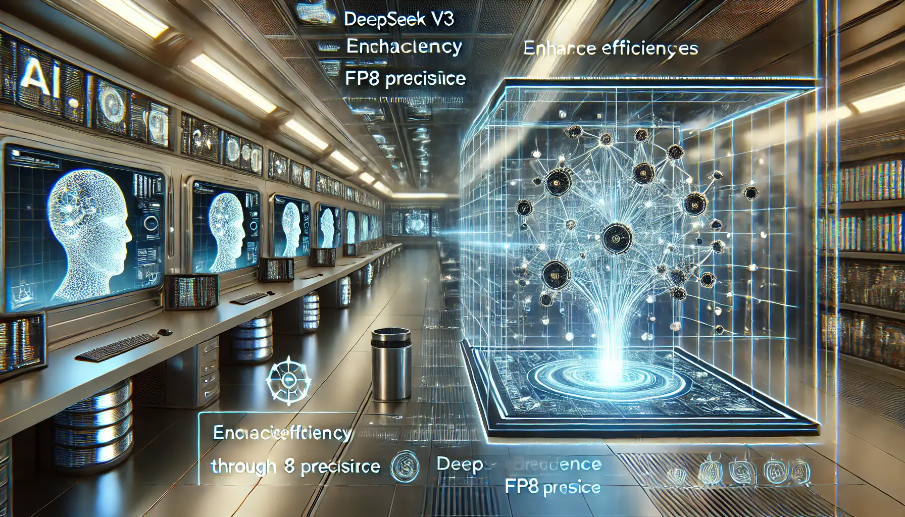 A futuristic AI training lab showcasing an advanced neural network being optimized with FP8 precision, reducing computational load while maintaining high accuracy.