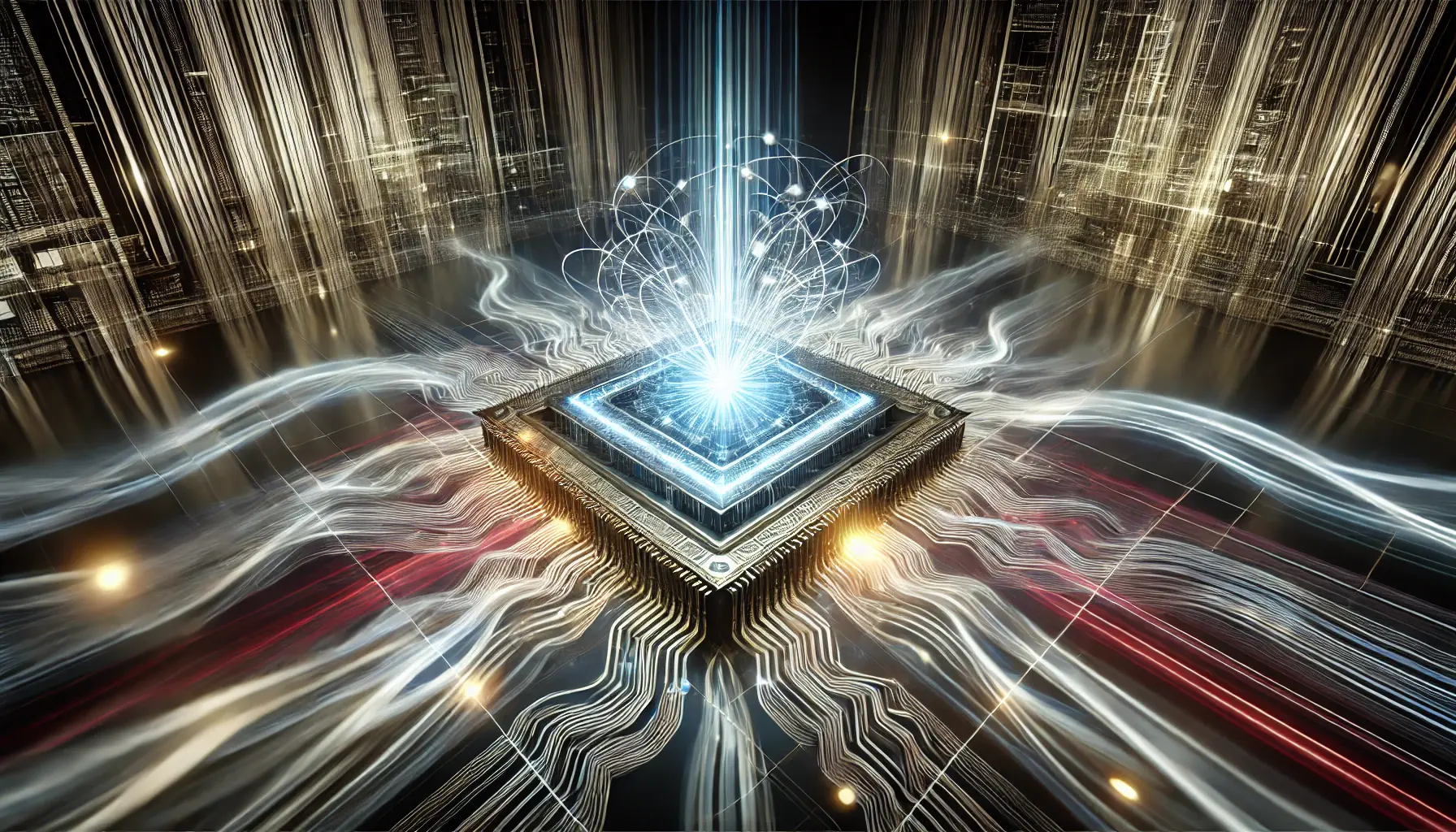 A futuristic AI processor surrounded by high-speed data streams, glowing neural circuits, and light trails symbolizing enhanced inference speed and efficiency.