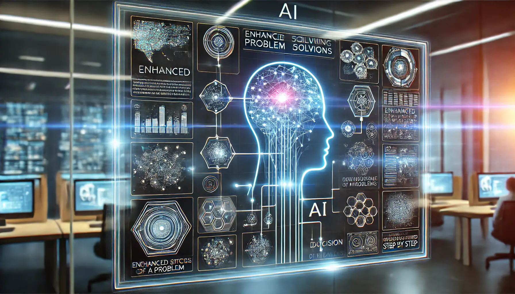 A high-tech AI interface visualizing problem-solving through interconnected nodes and structured decision pathways.