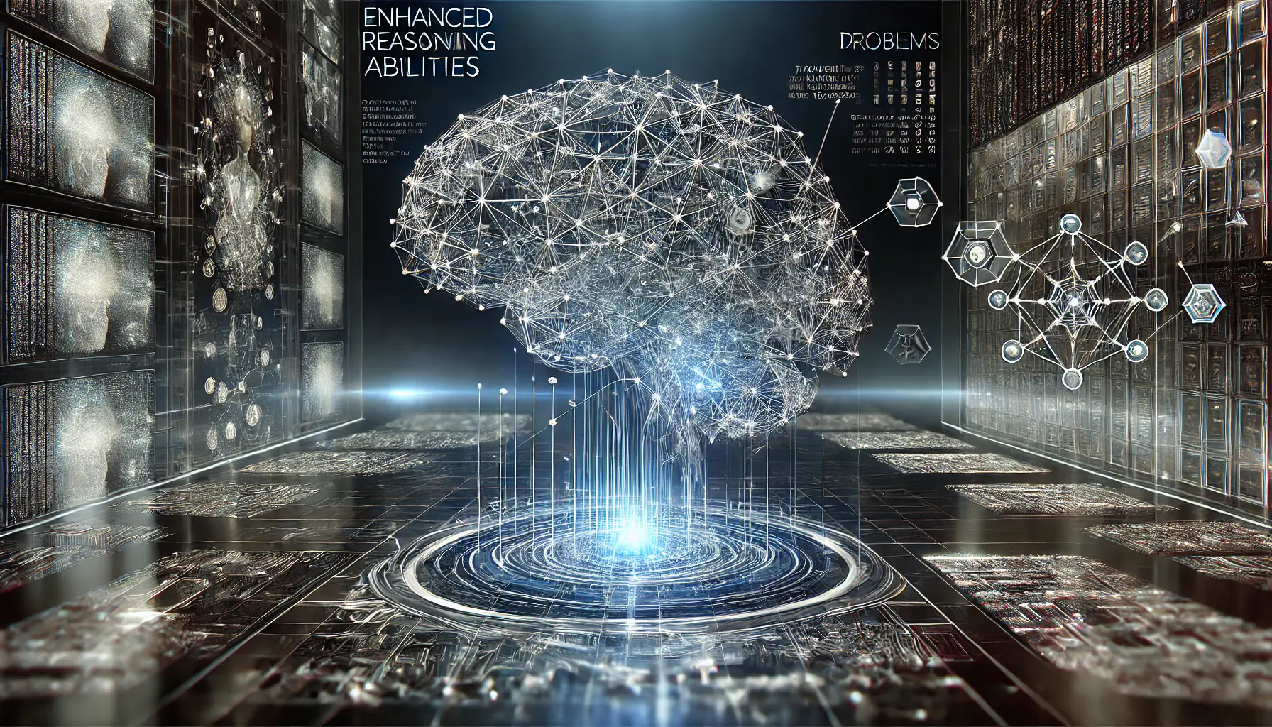 A high-tech digital representation of enhanced reasoning abilities in artificial intelligence, showcasing a complex neural network and data streams.