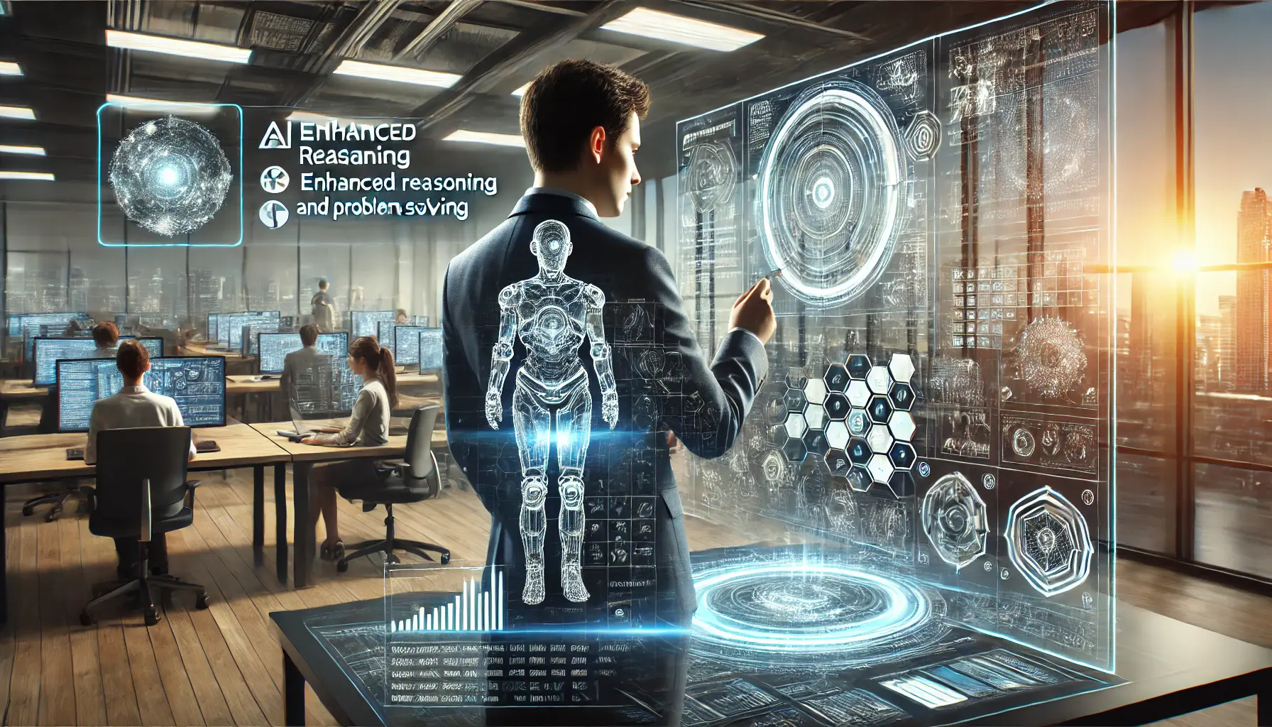 Futuristic AI system performing complex problem-solving and enhanced reasoning in a high-tech business setting.