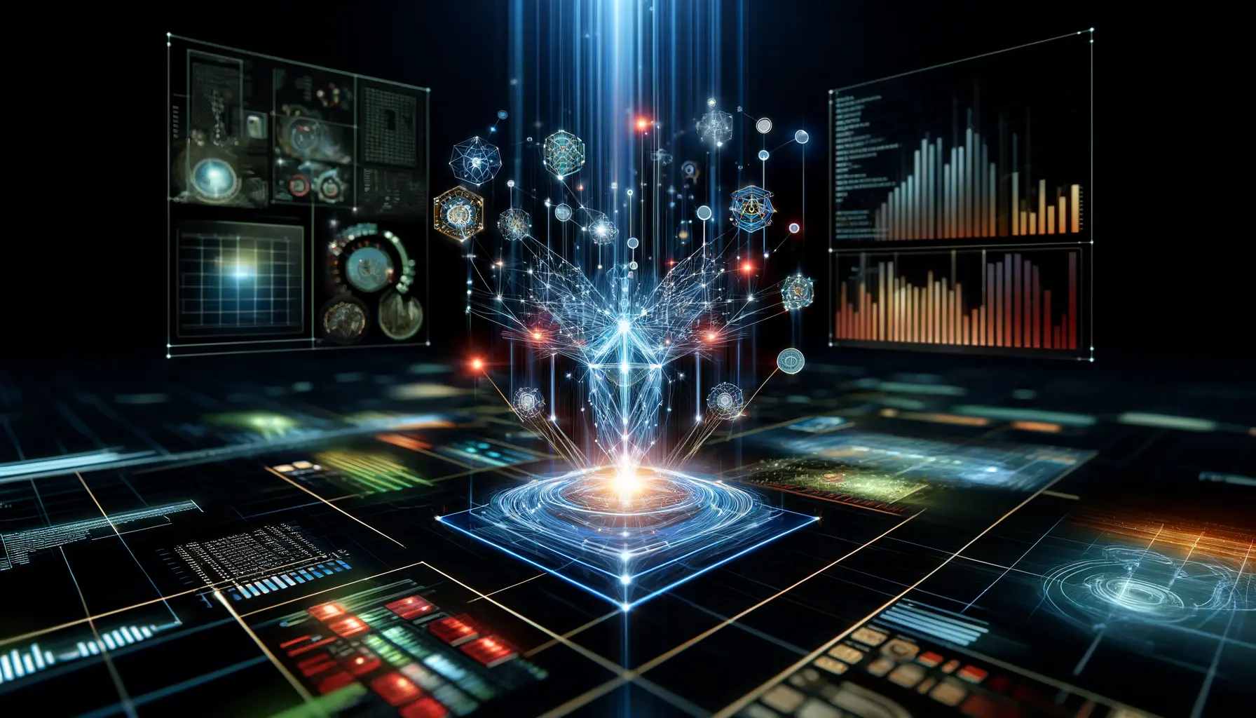 A futuristic digital representation of AI processing structured data, such as tables, graphs, and charts, through neural networks.