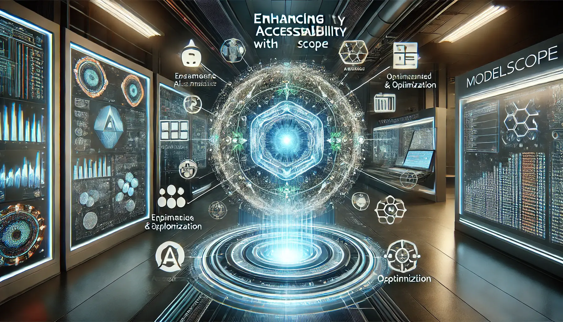 A futuristic visualization of ModelScope, with AI models being fine-tuned and optimized through interconnected data streams.