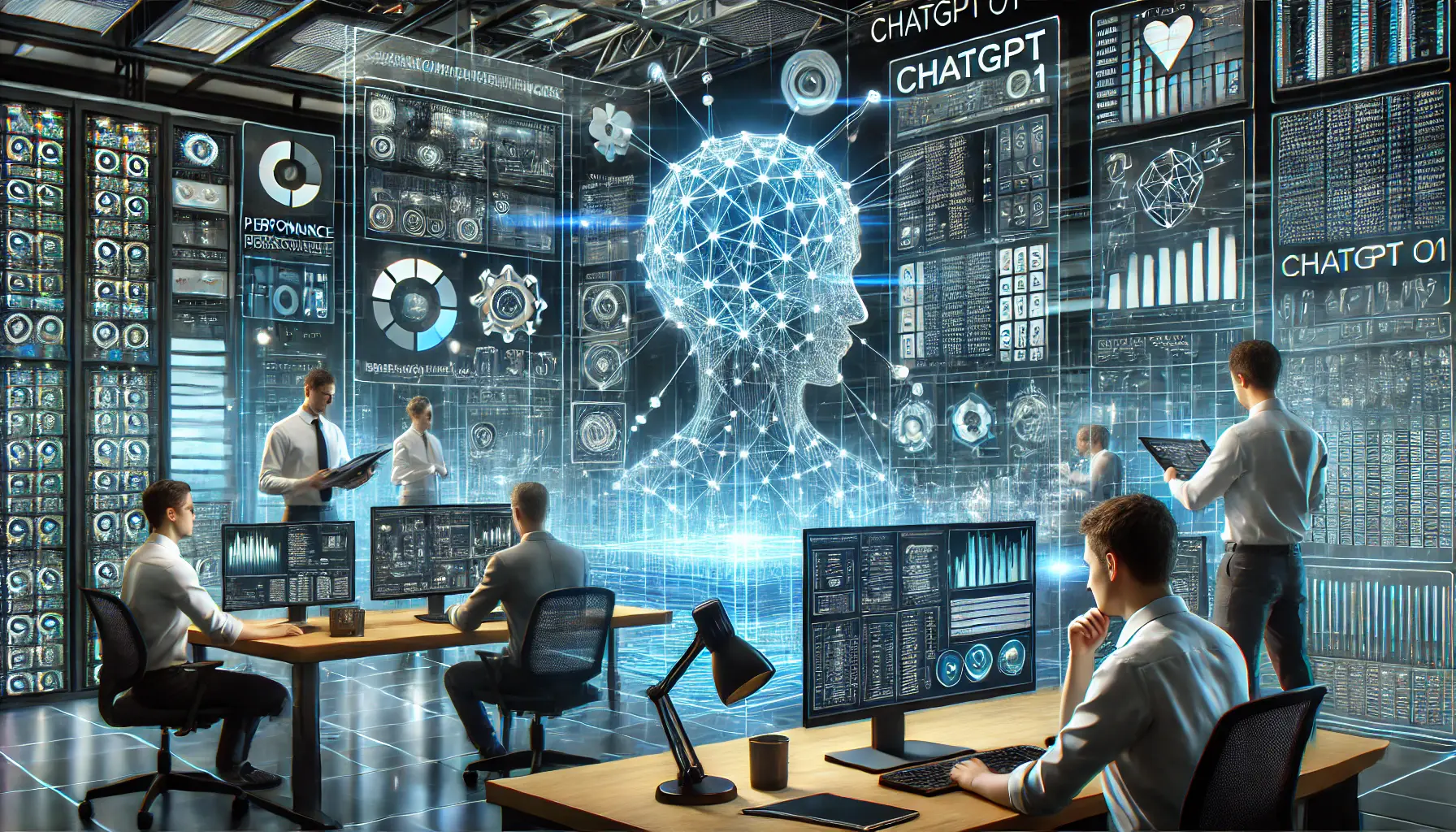 Engineers optimizing the performance of ChatGPT o1 within their infrastructure, managing resources and adjusting system configurations.