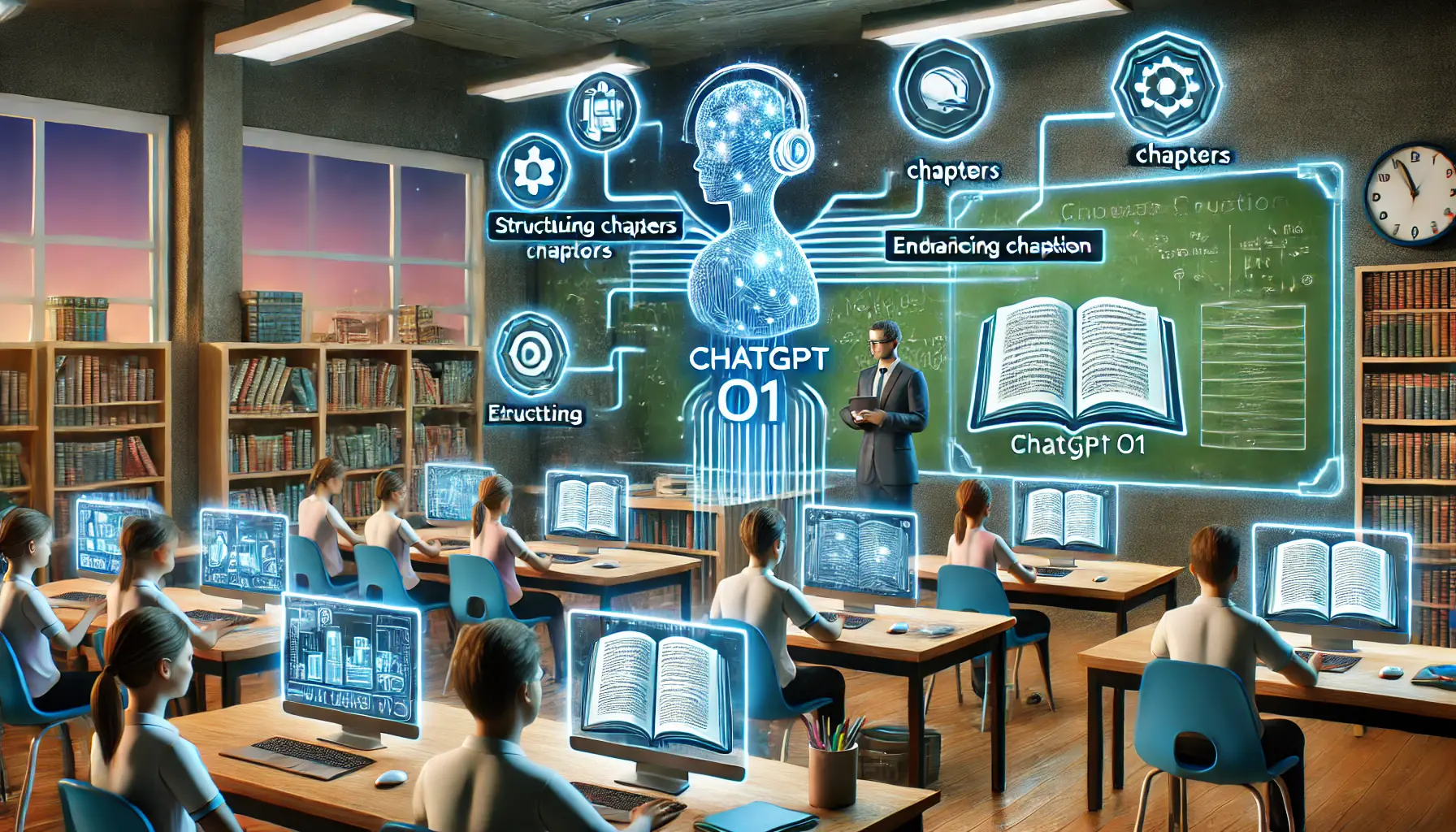 A teacher using ChatGPT o1 to generate educational materials such as textbooks, lesson plans, and exercises, with AI-powered holographic displays.