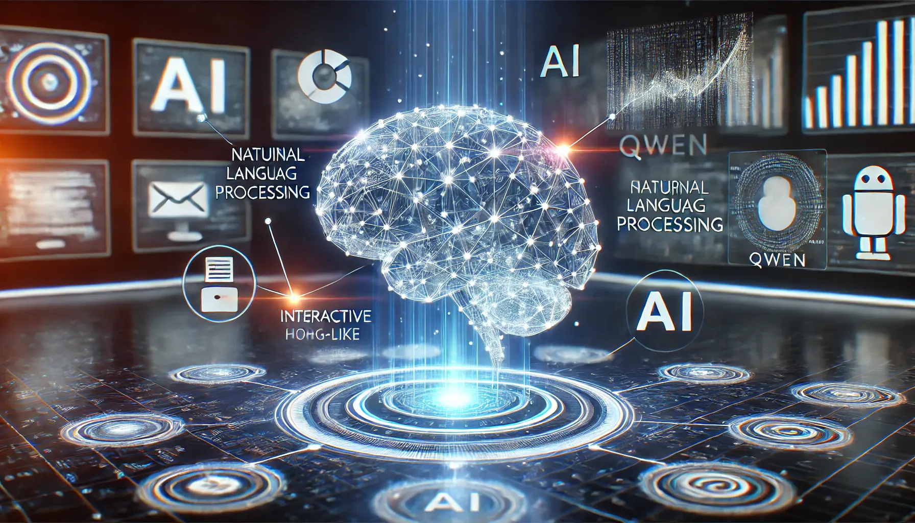 A futuristic AI-driven system analyzing and generating human-like text for content creation, with a glowing digital brain connected to interactive data streams and neural networks.