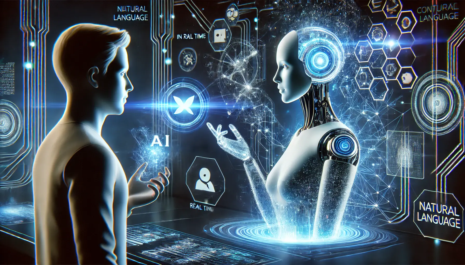 A futuristic AI assistant with a glowing holographic presence engaging with a human user, processing natural language in real time.