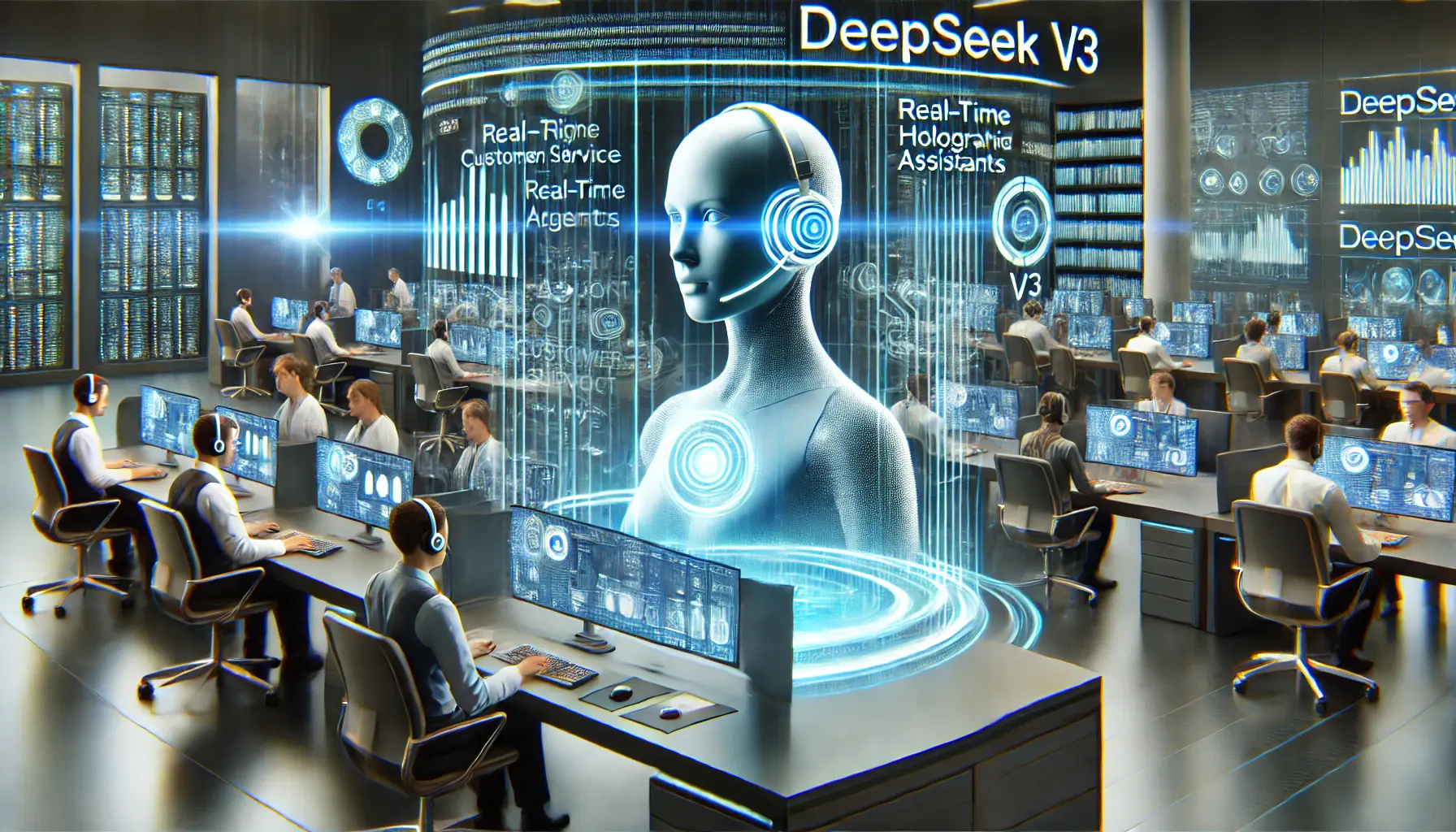 A futuristic AI-driven customer service center where support agents work alongside AI-powered holographic assistants in a high-tech environment.