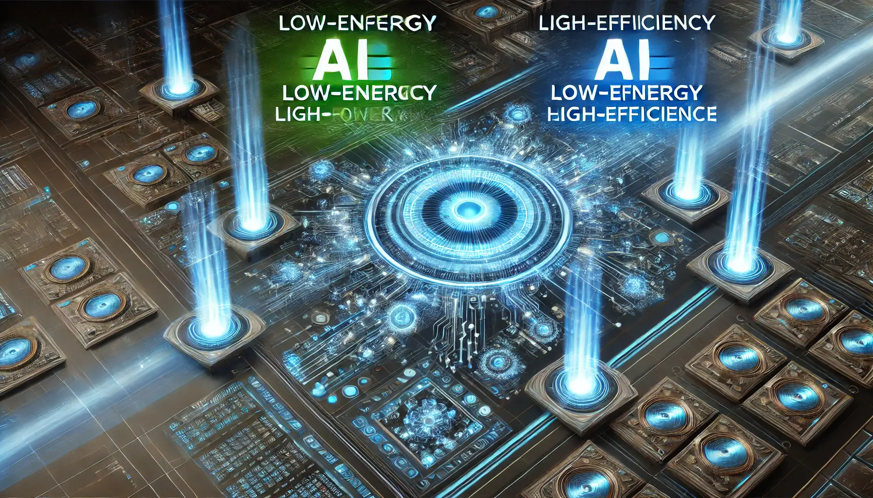 A futuristic AI system designed for energy efficiency with glowing blue and green elements representing optimized power consumption.