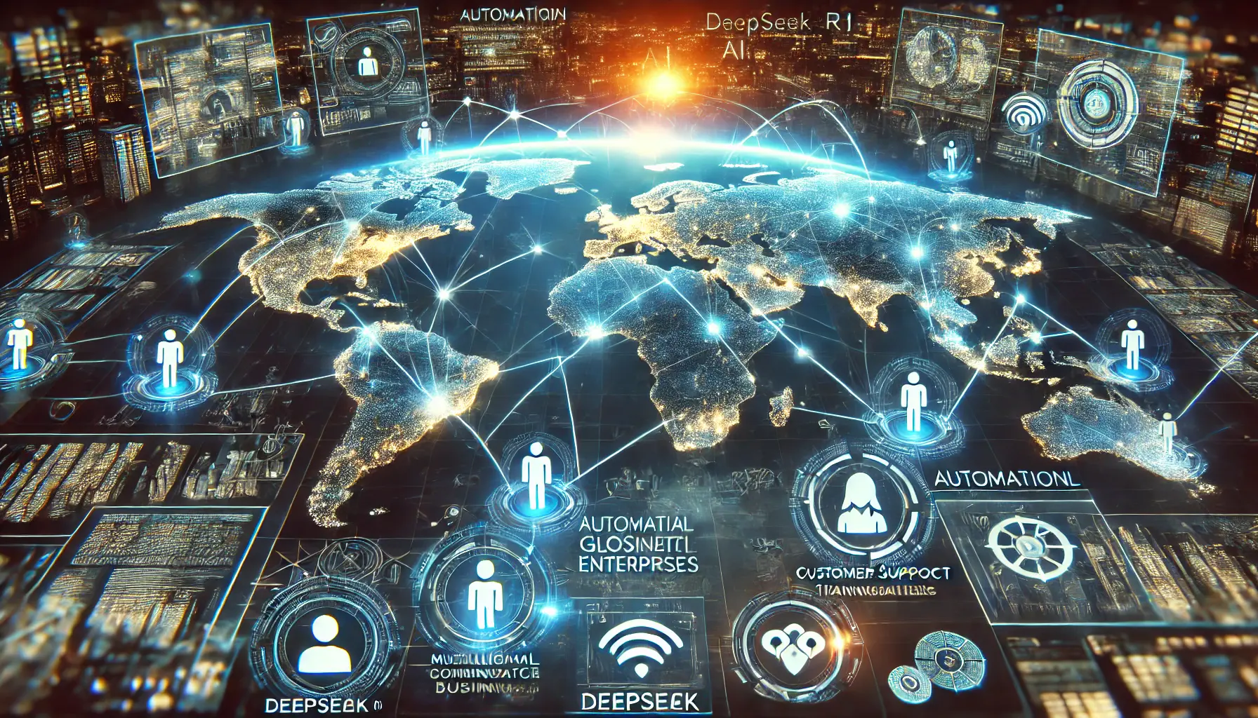 A futuristic AI-powered business communication network with a holographic world map and glowing connection points linking global enterprises.