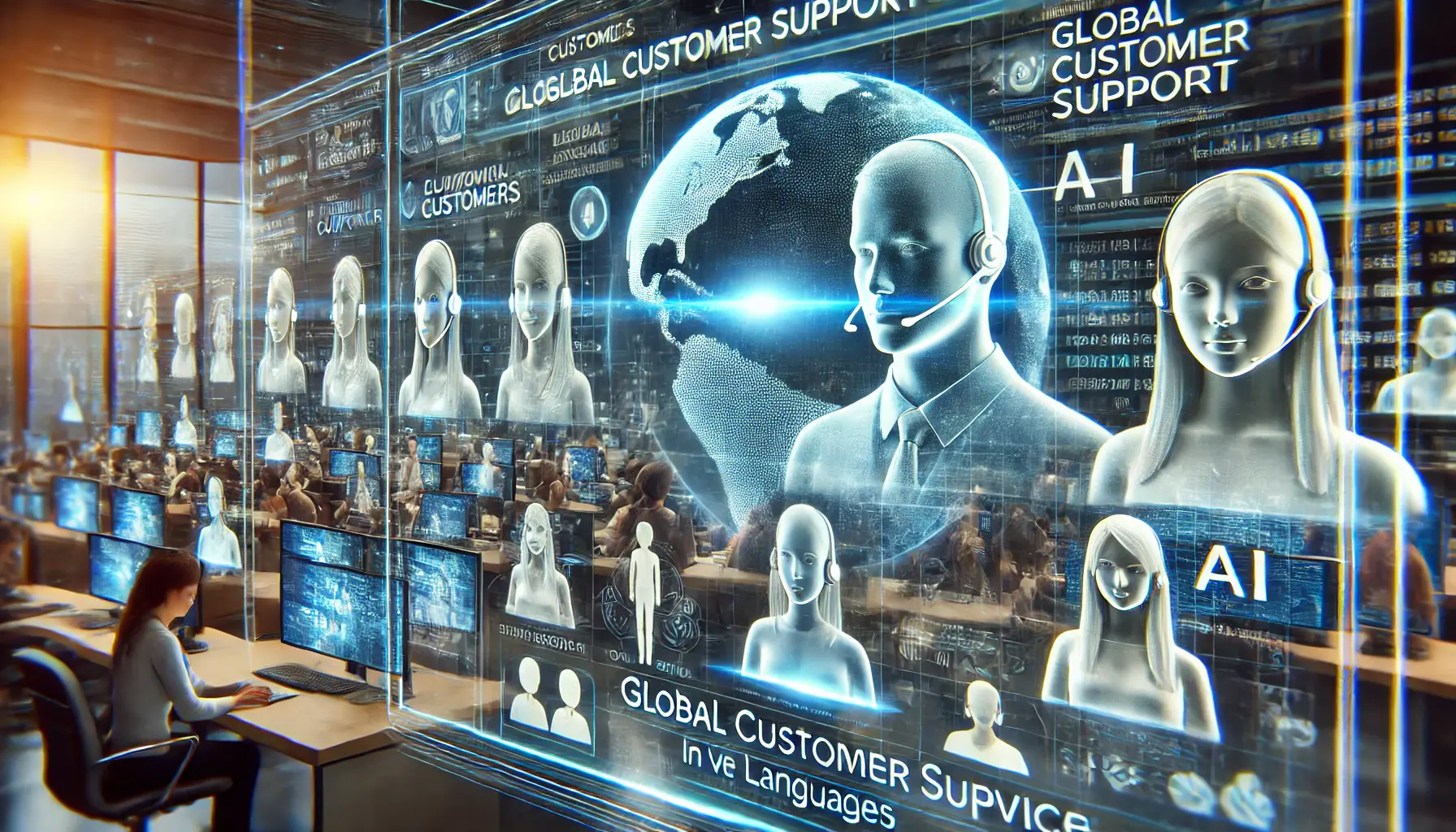 A futuristic global customer support center with AI assisting diverse customers in multiple languages through holographic screens.