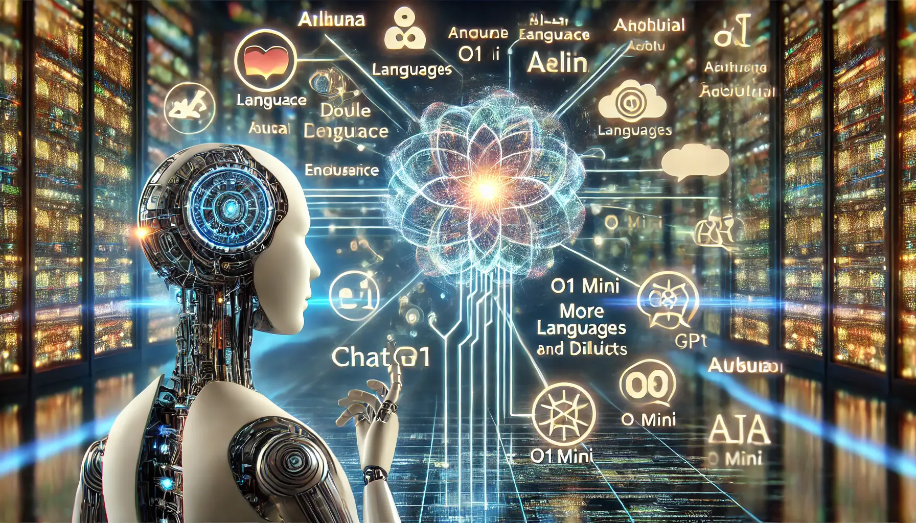 A futuristic digital scene showing AI enhancing language support, with neural networks processing multiple languages and expanding capabilities.