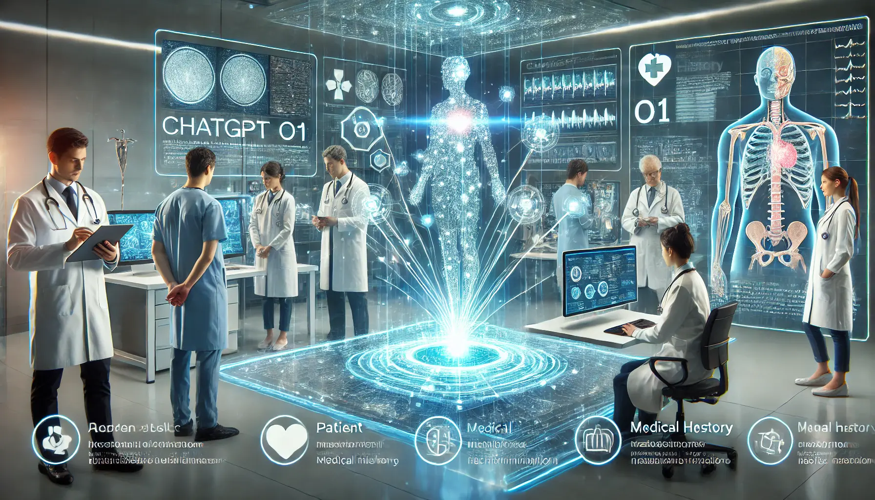 Doctors using ChatGPT o1 to enhance medical decision-making, interacting with AI-powered systems displaying patient data and treatment recommendations.