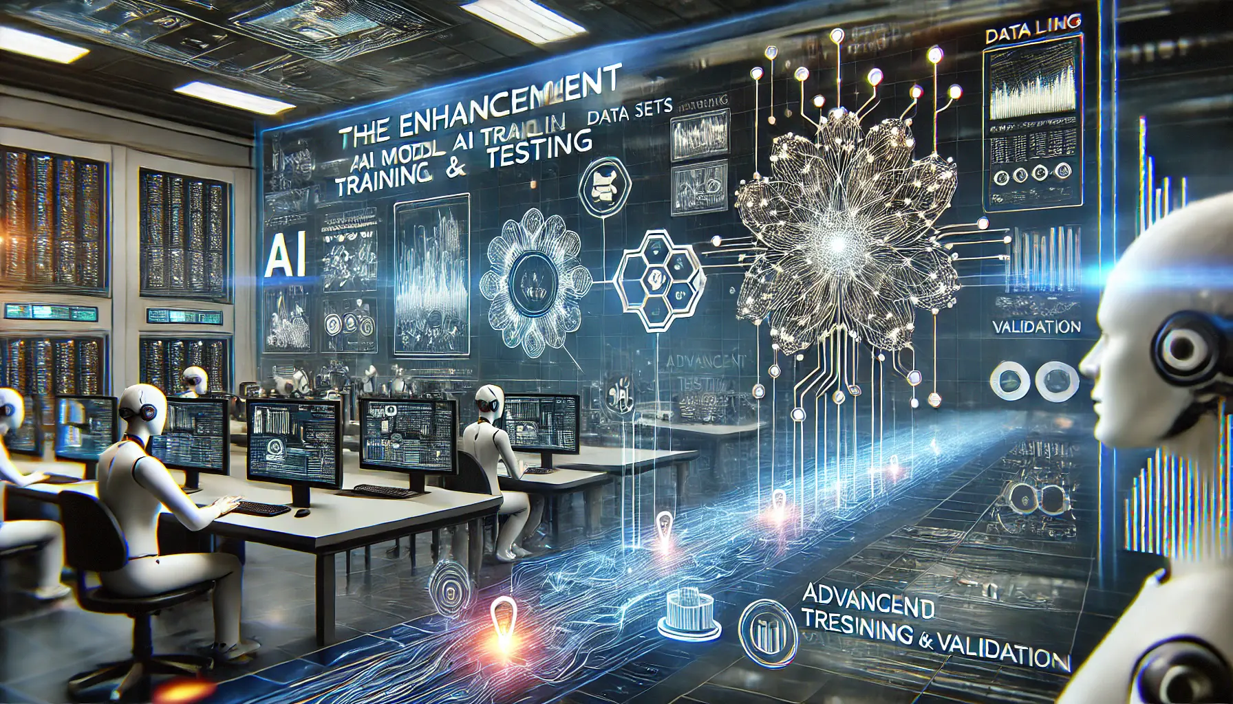 A high-tech digital interface showing an AI model being trained and tested with data sets, featuring performance assessment tools and data streams.