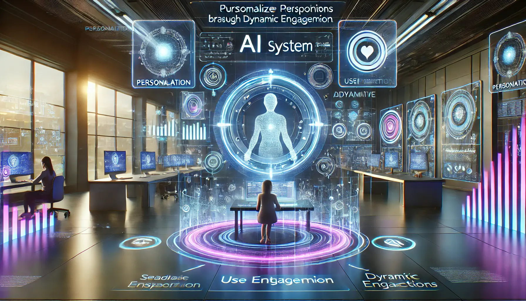 A futuristic digital environment where an AI system personalizes user interactions with glowing data visualizations and interactive elements.