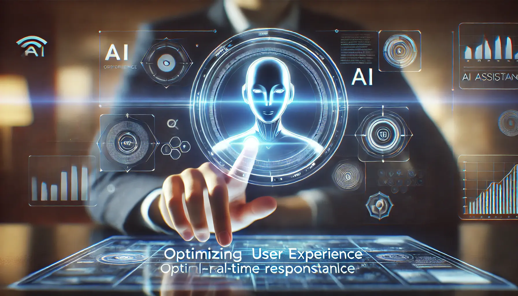 A futuristic AI interface optimizing user experience, featuring a glowing and responsive AI assistant interacting seamlessly with users.