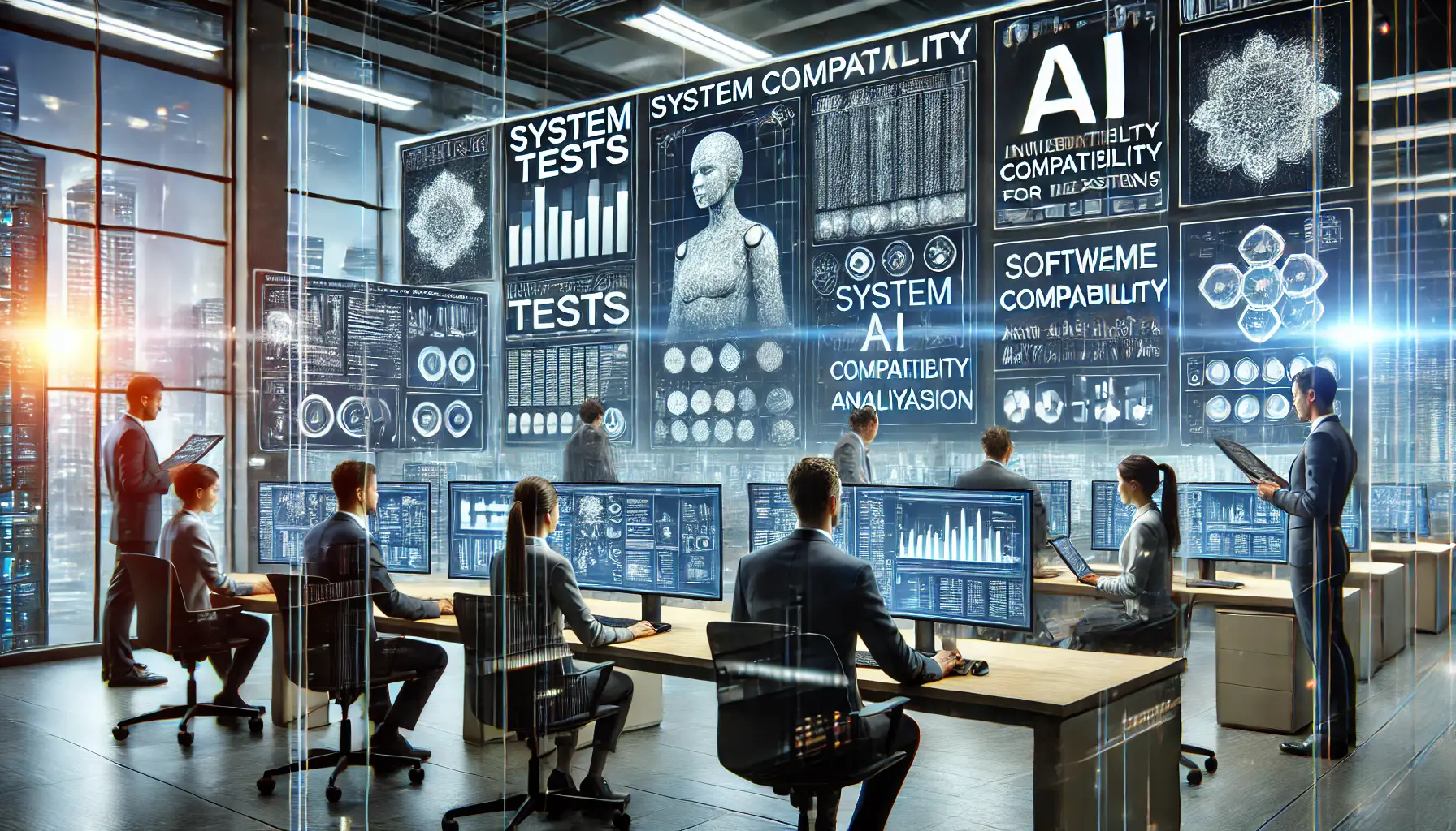 A team of IT professionals evaluating system compatibility for AI implementation using digital interfaces and software tests.