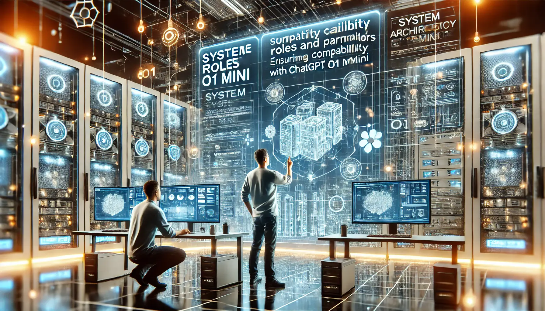 Engineers ensuring compatibility with system roles and parameters during ChatGPT o1 Mini integration, analyzing system diagrams and configuration settings.