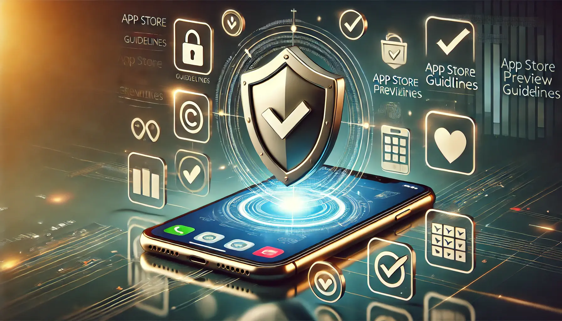 A visually compelling representation of ensuring compliance with app store guidelines, featuring a smartphone with a shield symbolizing security and compliance, surrounded by digital elements like checkmarks and safety icons.