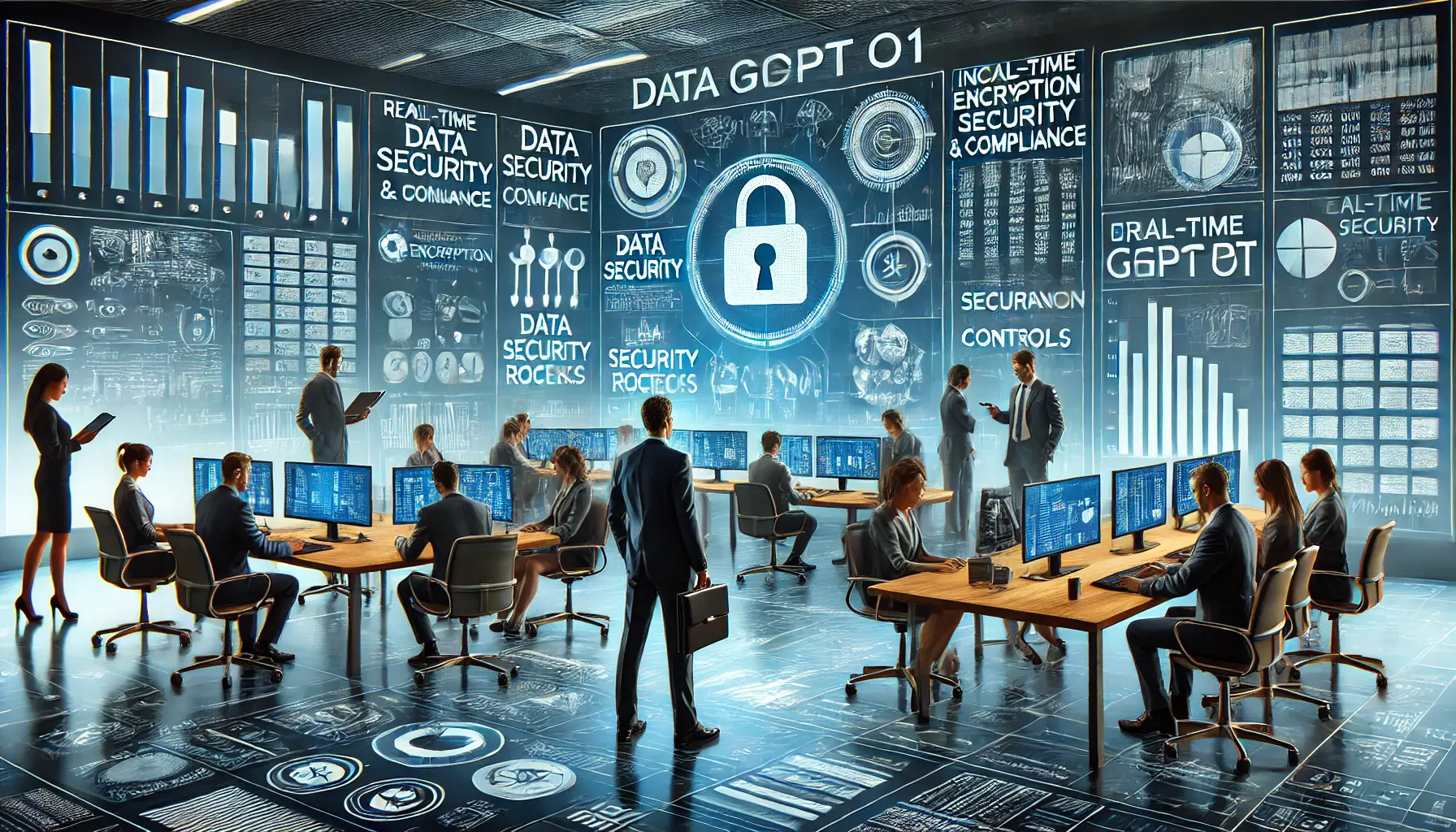 A high-tech office where professionals ensure data security and compliance during ChatGPT o1 integration.