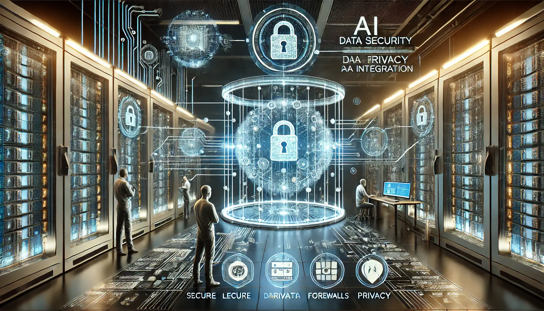 A high-tech digital interface showing secure data transmission with encryption systems, firewalls, and data protection mechanisms in a server room.