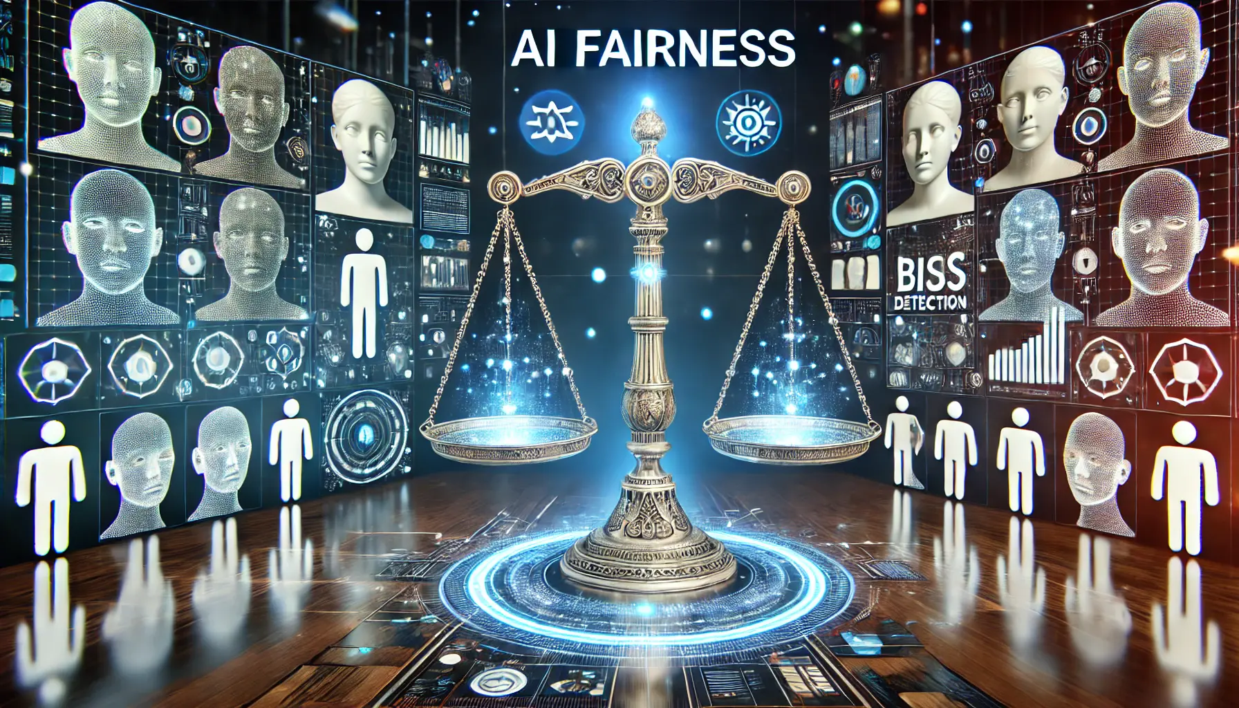 A futuristic scene illustrating AI fairness with a digital balance scale, diverse human faces, and glowing data streams symbolizing inclusion and equality.