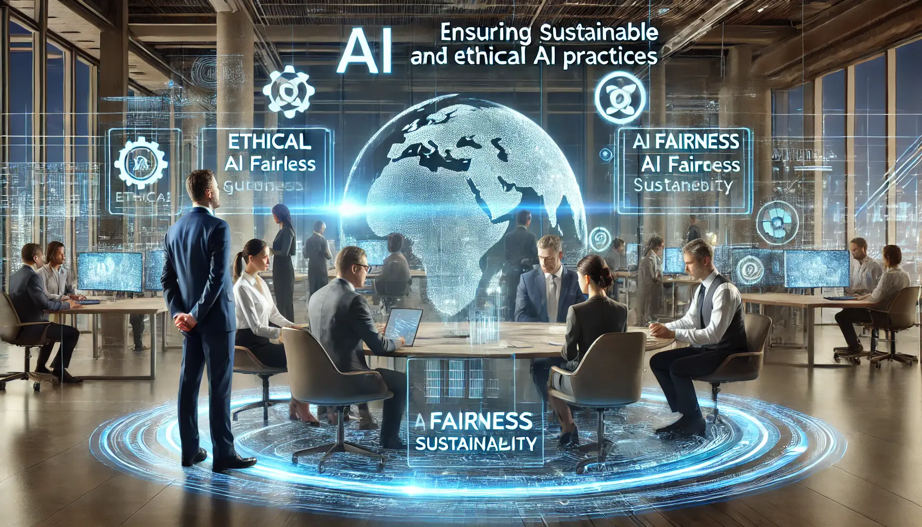 A modern corporate environment where professionals discuss and implement sustainable and ethical AI practices with the help of digital interfaces.