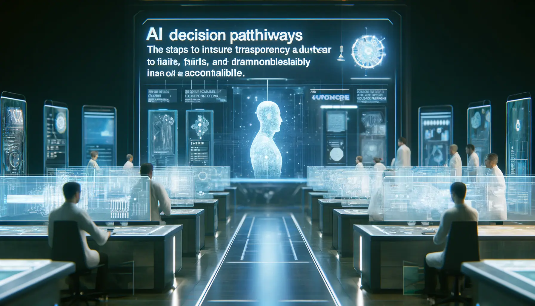 A high-tech AI lab where engineers ensure transparency and accountability in AI decision-making, with digital screens showing AI decision pathways.