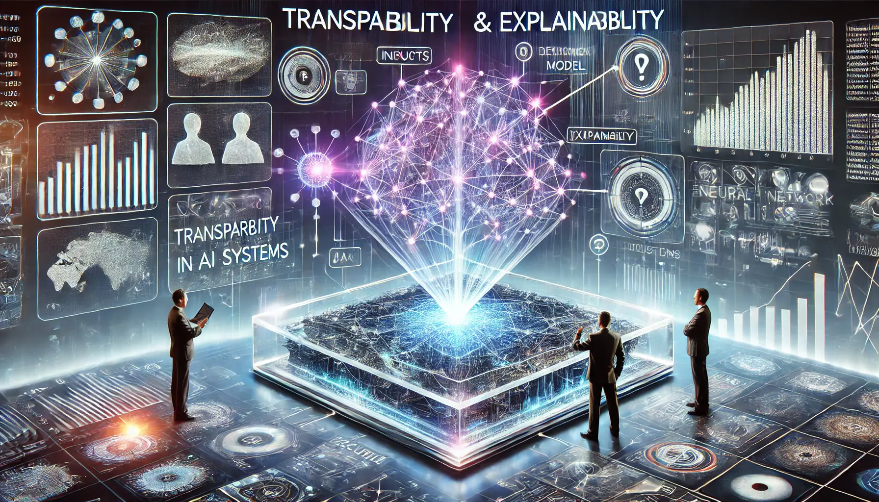 A transparent AI neural network model showing the decision-making process, with visible pathways and decision trees in a high-tech cyber environment.